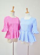 夏季韩版甜美娃娃衫小裙摆，收腰修身格子衬衫，女喇叭泡泡袖上衣
