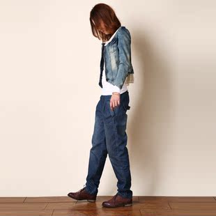  学院风 宽松垮裤大码胖mm加厚哈伦裤 女裤松紧腰牛仔裤女韩版 潮