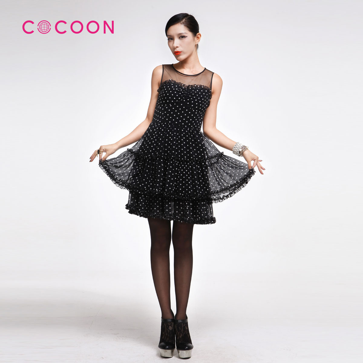 COCOON可可尼2012新品抹胸波点圆领无袖连衣裙714202008
