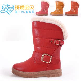  班妮宝贝升级保暖中筒女童皮靴 防水儿童雪地靴女童靴子大
