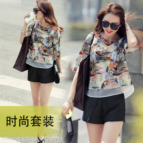 季新款<em>女装</em>雪纺衫休闲短袖<em>短裤套装</em> <em>欧洲站</em>时