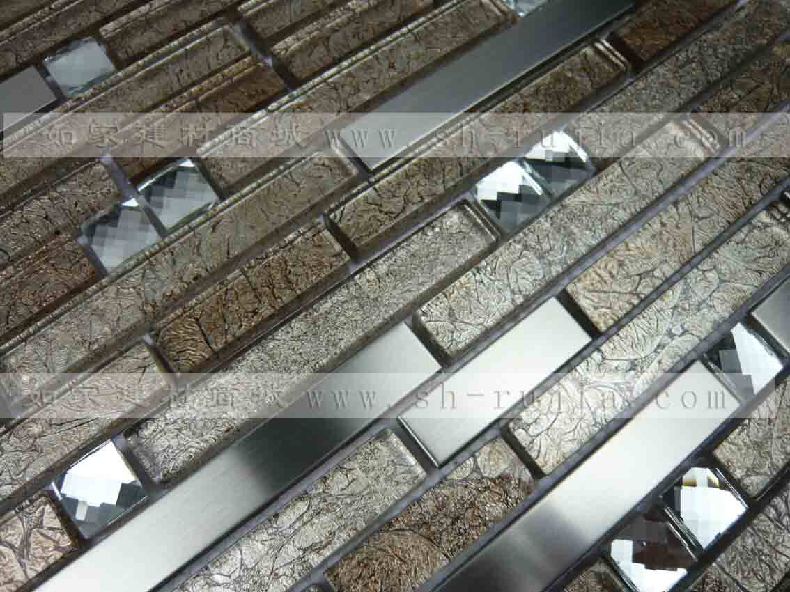 【如家建材商城】长条不锈钢拉丝水钻金箔马赛克瓷砖背景砖 现货