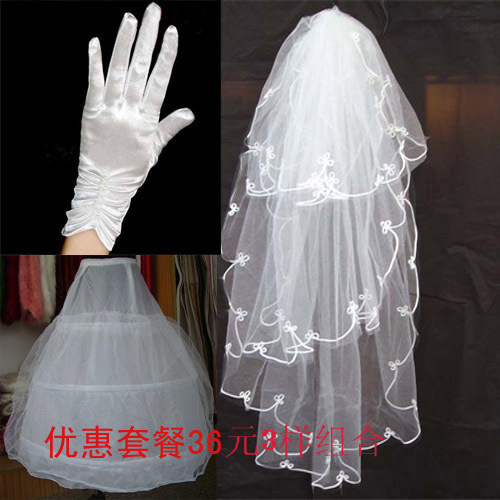 H新娘婚纱配饰优惠三件套 花边白头纱+短白手套+三圈加纱裙撑组合 H新娘婚纱配饰优惠三件套 花边白头纱+短白手套+三圈加纱裙撑组合