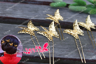  金色新娘发簪头饰 古典双层蝴蝶发簪 新娘结婚饰品配礼服旗袍