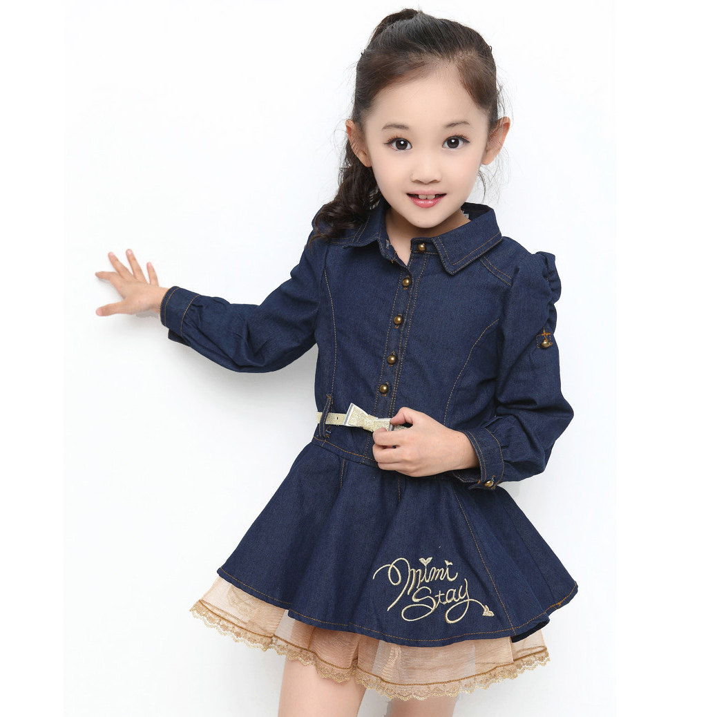 <em>女童</em>长袖连衣裙 <em>春款裙装</em>2014新款牛仔蕾丝蛋