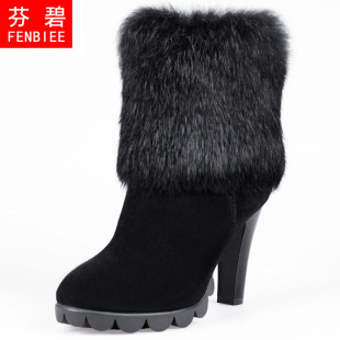  新款冬季真皮厚底粗跟高跟鞋女鞋雪地靴兔毛短靴女靴子棉鞋毛毛鞋