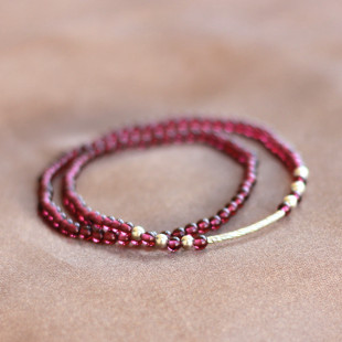  包邮 原创手工饰品首饰 女 玫红细珠石榴石 925纯银手链 绕两圈