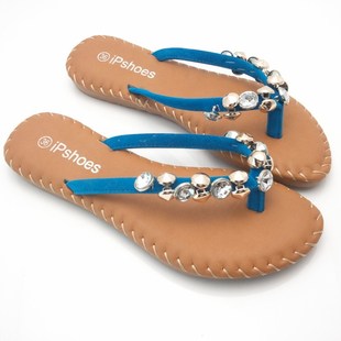  夏季新款沙滩鞋波西米亚水钻夹脚坡跟人字拖低跟女凉拖女式鞋