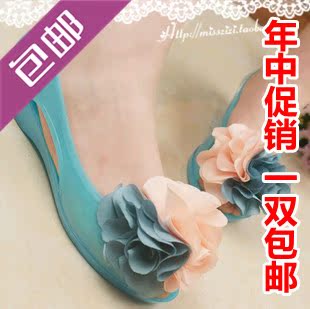  包邮^清凉淑女拼色花透透果冻鞋 鱼嘴坡跟水晶鞋 中跟夏日女凉鞋