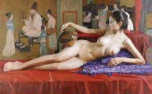 古画前的胴体油画