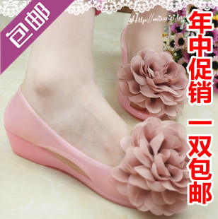  包邮 独家款个性波西米亚大雪纺花朵坡跟果冻鞋 中跟软胶夏日凉鞋