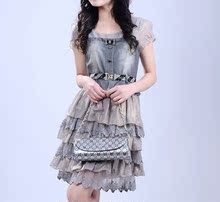 少女蝶五皇冠 2010夏装新款 韩版牛仔高腰修身雪纺连衣裙C1026B灰