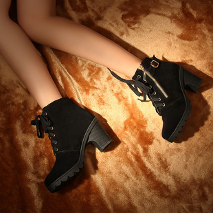  时尚新款短靴冬季靴子女粗跟棉靴真皮女鞋高跟女靴裸靴棉鞋马丁靴