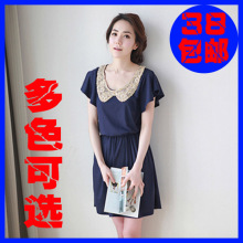 包邮 lumn夏春装新款甜美娃娃领复古蕾丝显瘦胖MM 大码女装连衣裙