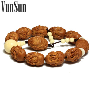  VunSun 饰品 名家手工精雕橄榄核雕双面十八罗汉老籽橄榄胡男手链