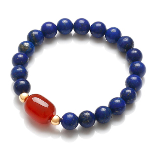  福佑居 AA级天然宝石青金石手链 嵌红玛瑙金珠 青澜幽梦伴红尘