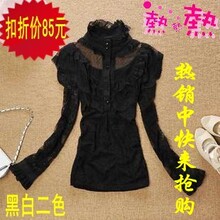 2011秋装新款女韩版修身黑色高领蕾丝打底衫长袖t恤 蕾丝 上衣