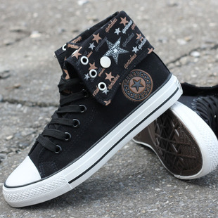  韩版飞耐 男士高帮帆布鞋 翻边两穿休闲鞋 男鞋平底系带单布鞋