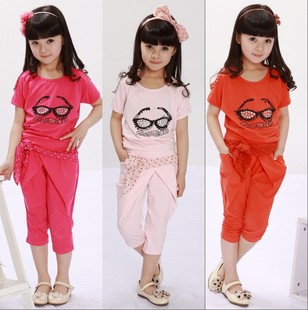  童装女童夏季新款正品 儿童原创眼镜图腰带哈伦裤运动套装