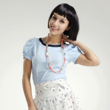 艾夫斯女装2012夏新款日系时尚修身泡泡袖撞色甜美显瘦短袖衬衫女