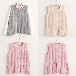 韩版复古条纹麻花<em>编织</em>后背<em>蝴蝶结</em>宽松<em>毛线马甲</em>