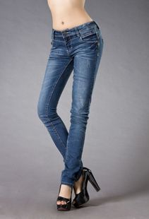  MOKO品牌 春季新款 正品时尚中腰深蓝色修身女式小脚牛仔长裤