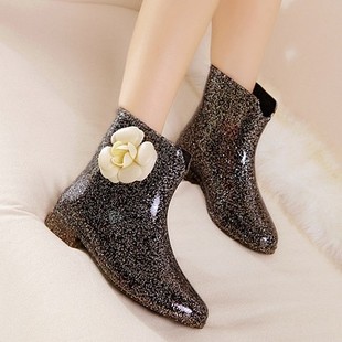 韩国时尚女鞋雨靴 茶花朵蝴蝶结雨鞋 短筒胶鞋水鞋 防滑水靴 亮片