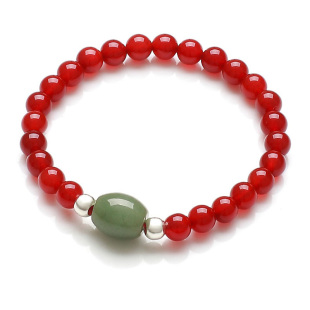 福佑居 月斜红玉笑靥浅 天然巴西红玛瑙手链 纯银/翡翠路路通