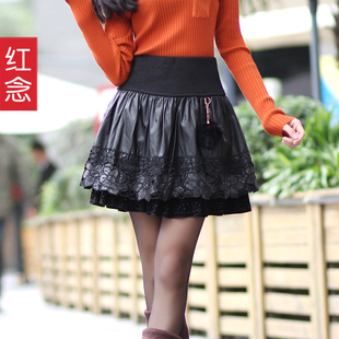  冬季新款皮裙 PU短裙半身裙子镂空花边蓬蓬裙秋冬裙A字裙女装半裙