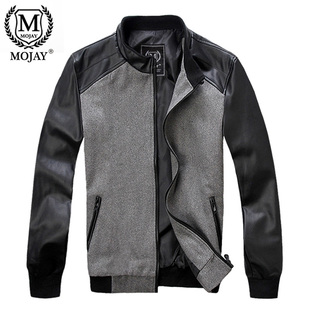  MOJAY男装 春秋新款 羊毛呢+PU皮拼接 男士夹克 韩版修身外套