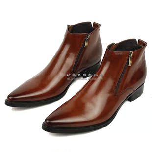  时尚英伦风真皮纯牛皮尖头双拉链男士短靴高帮男皮靴子户外靴