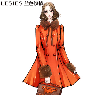  蓝色倾情冬季女装新品通勤OL毛领双排扣修身毛呢外套大衣