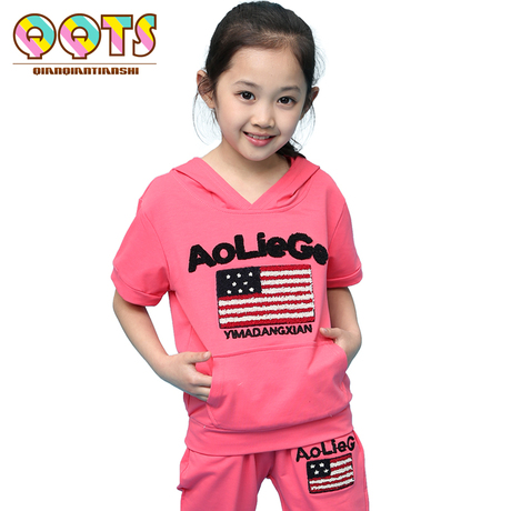 新版夏季儿童套装带帽领<em>大女童服装</em>长裤T恤短