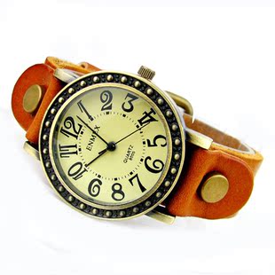  ENMEX牛仔朋克风格手表 真皮表带复古表雕花表头 优雅大气