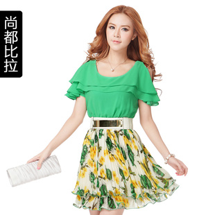  夏装新款 韩版OL气质女装 花色雪纺修身裙子 夏季短袖连衣裙