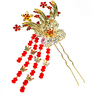  水舞新娘簪子饰品 结婚发簪凤簪 红色水钻头发钗流苏复古典装步摇