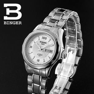  正品BINGER宾格手表全自动机械表女士手表女表天时系列钢带白面