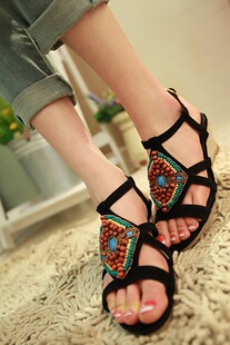  Veetii W015 日单！复古森女民族风宝石串绒面坡跟凉鞋 3色特价