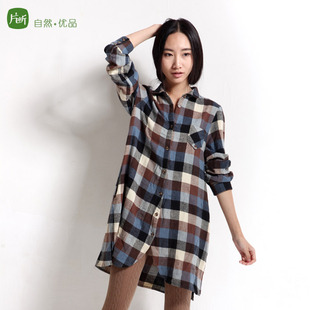  片断春装韩版纯棉格子衬衣女长款 文艺格子衬衫女长袖 衬衫裙