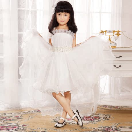 白色拖尾小婚纱女童蓬蓬公主裙摄影钢琴舞台表