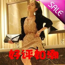 舞会婚宴秋装韩国代购miumiu名媛 无袖花朵金色亮片荷叶边连衣裙