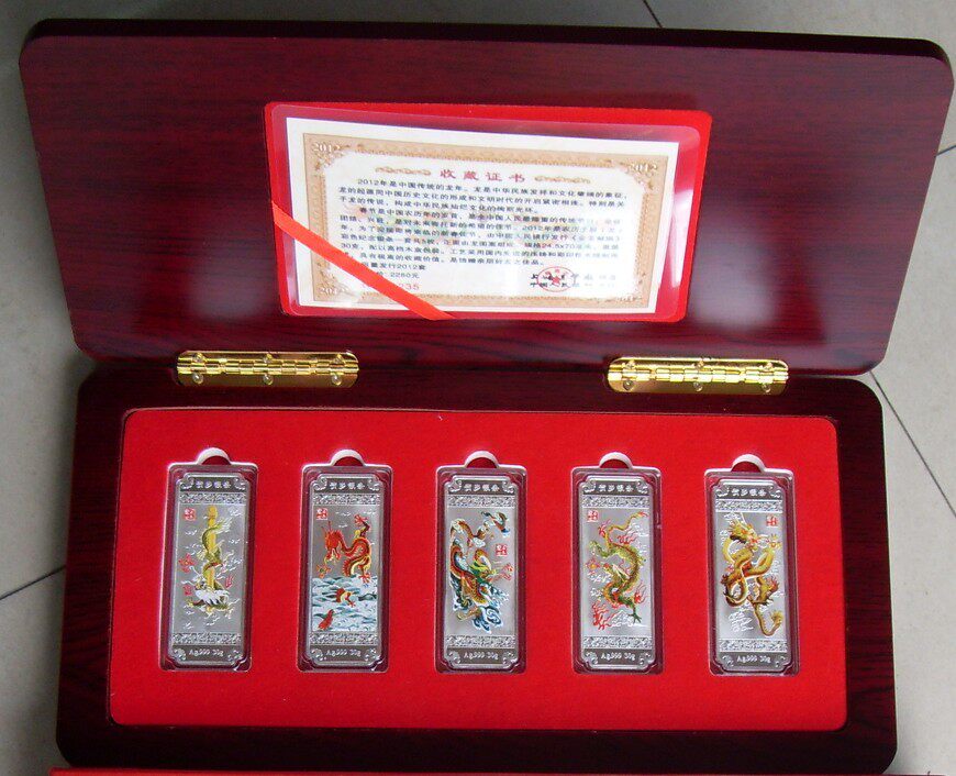龙年贺岁纪念银条5枚*30克一套2012年龙年礼品 带证书手提袋