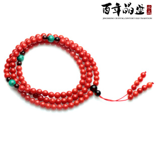  晶盛正品天然沙丁老红珊瑚108颗佛珠+绿松石蜜蜡念珠手链女士手串