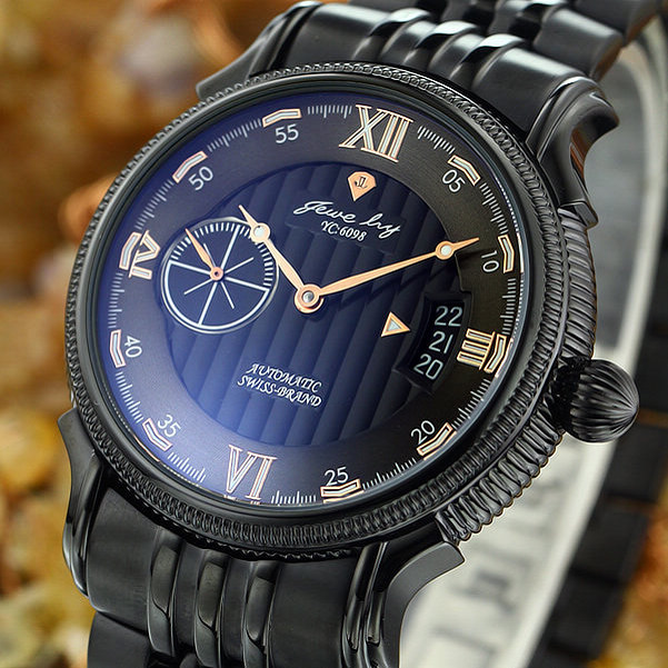 JL瑞士品牌台湾进口正品黑金钢带男士手表自动机械大表盘男表
