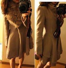 2011秋冬 新款  欧美风时尚羊绒西服领脱毛领收腰裙摆风衣 外套