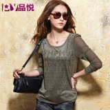 品悦2012秋冬新品<span class=H>女装</span>韩版仿皮绒网纱时尚宽松t恤长袖打底衫9255
