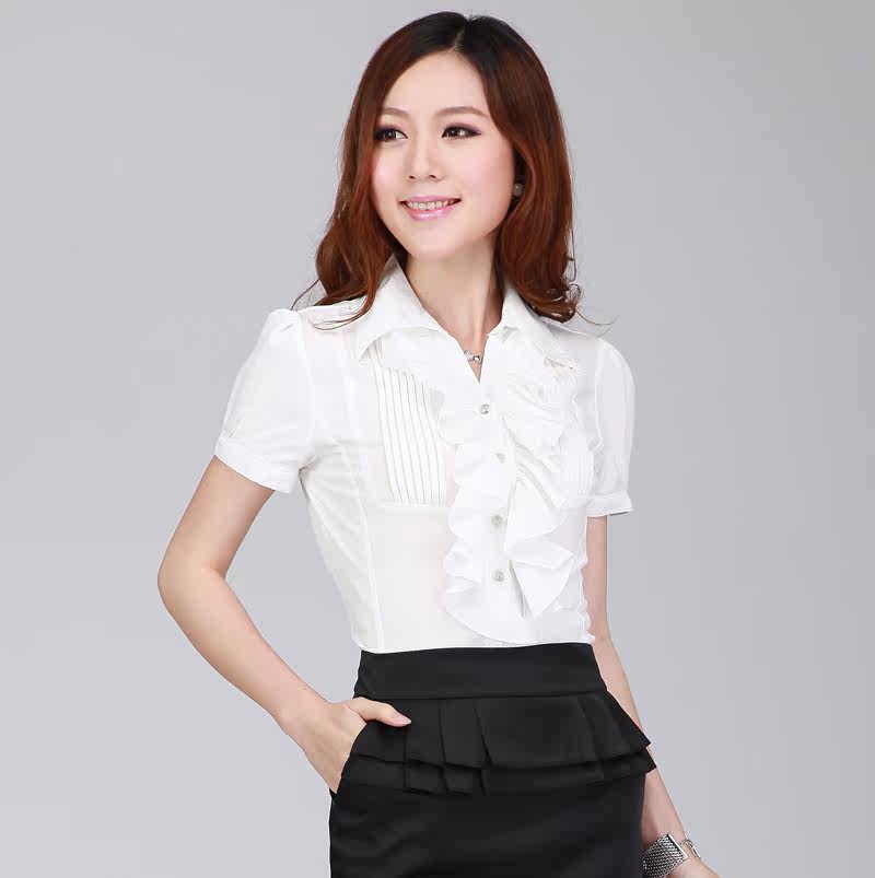 璨盛女式衬衫韩版女装VIVI荷叶边女装白衬衣夏装修身OL短袖工作服