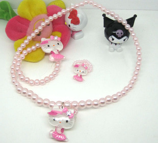  HELLO KITTY 卡通项链儿童珍珠项链 戒指手链项链三件套 帽子KT