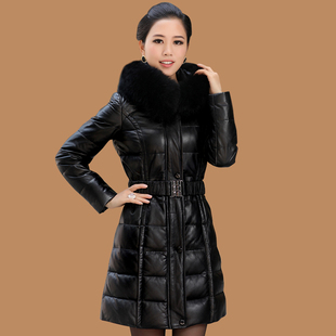  海宁真皮皮衣新款 女 真皮羽绒服带帽 绵羊皮 长款 羽绒皮衣