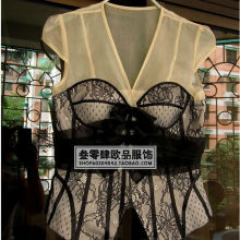 淘宝网欧美走秀款新款女装范冰冰同款性感欧根纱鱼骨透视腰封蕾丝上衣